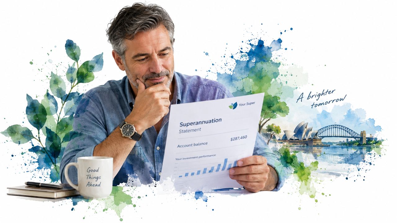 A middle-aged man reviewing his superannuation account statement while sitting at a desk with a coffee mug.