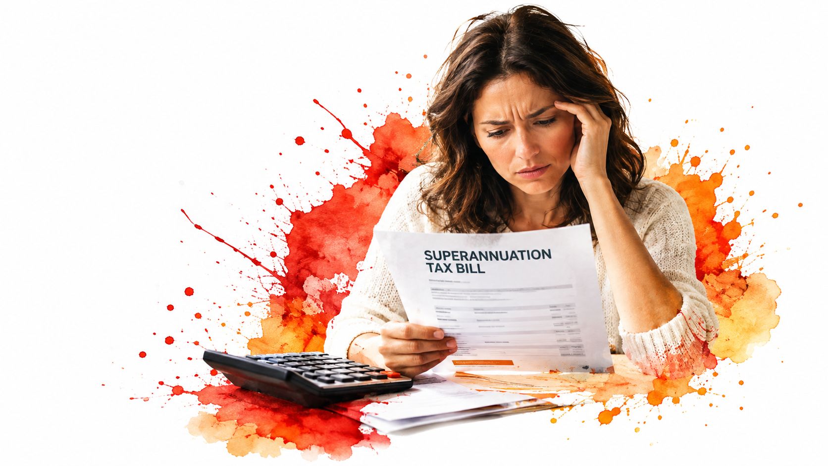 A worried woman looking at a superannuation tax bill while sitting at a desk with a calculator.