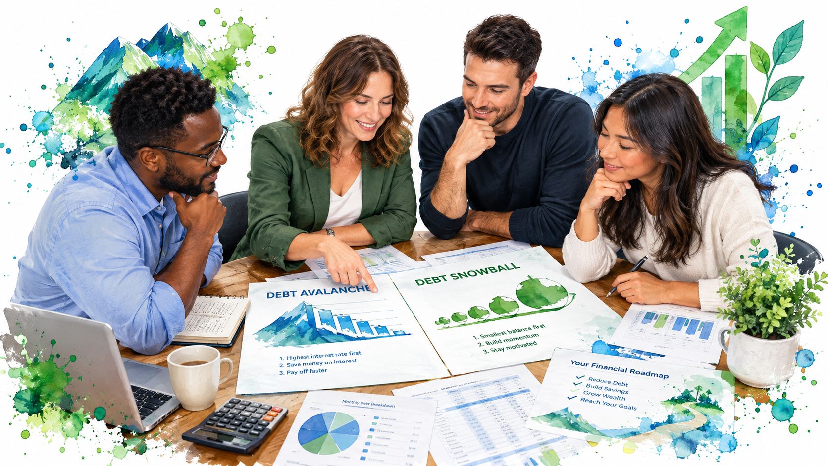 A diverse group of professionals collaborating around a table while analyzing debt repayment strategies and financial roadmaps.