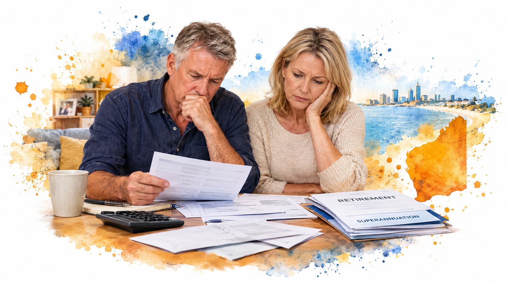 A concerned older couple reviewing retirement and superannuation documents at a table together in their home.