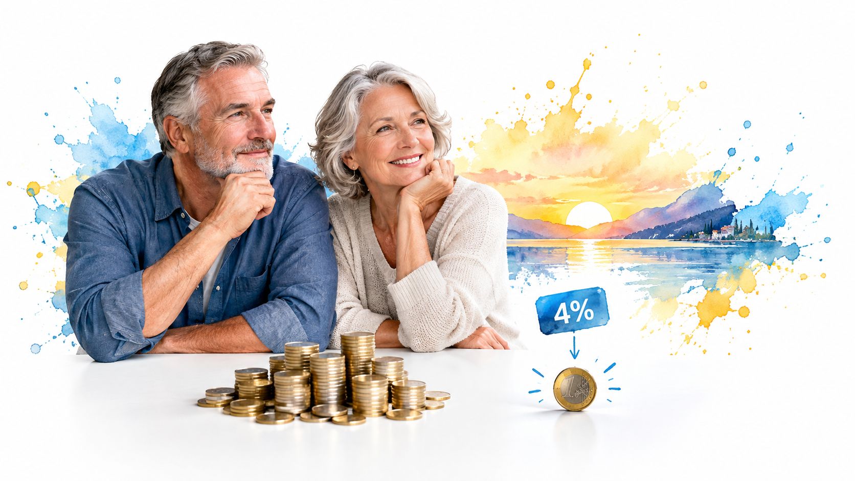 A happy senior couple sits by a large stack of coins next to a four percent interest icon.