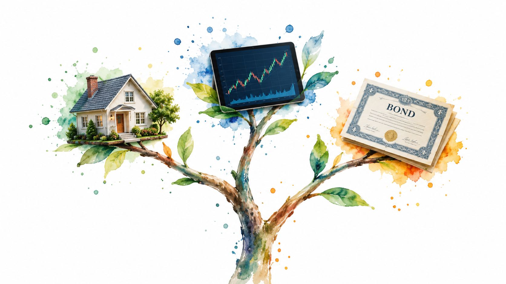 A watercolor illustration of a tree featuring a house, a stock market tablet, and a financial bond.