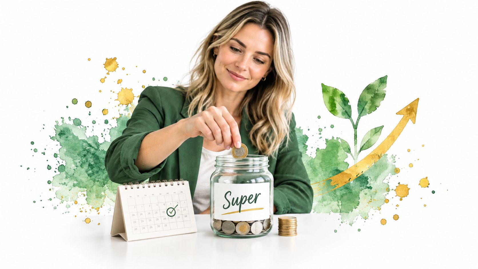 A woman putting a coin into a jar labeled Super, with a calendar and plant art background.