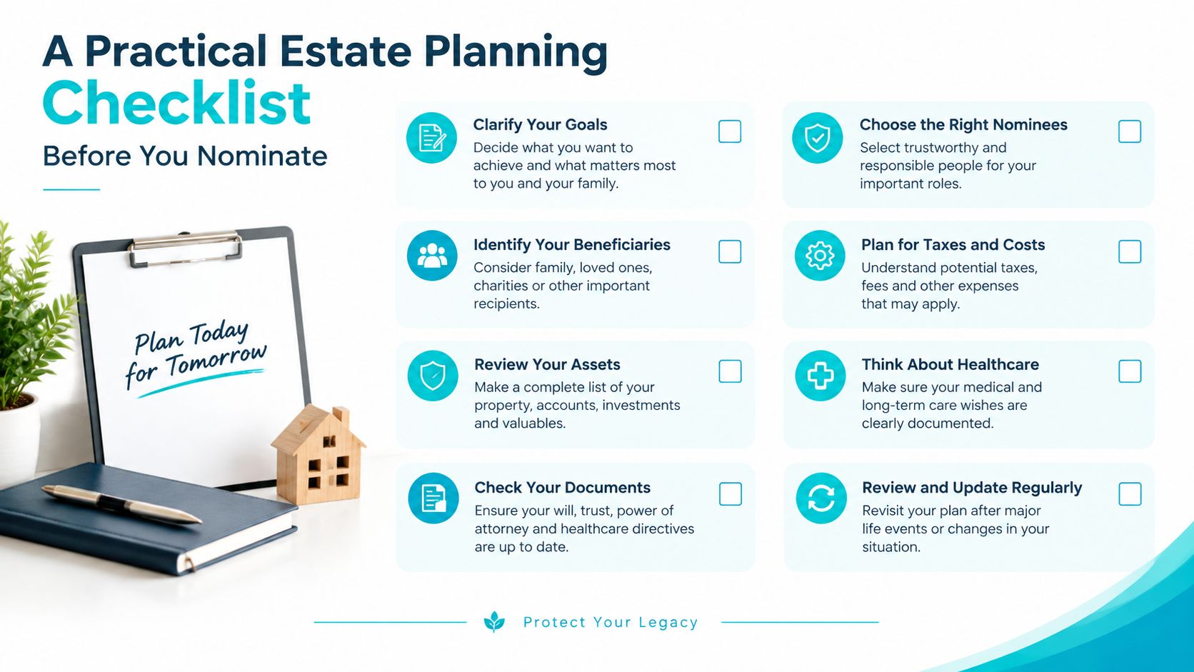 A comprehensive estate planning checklist infographic designed to help individuals organize their assets and legal documentation.