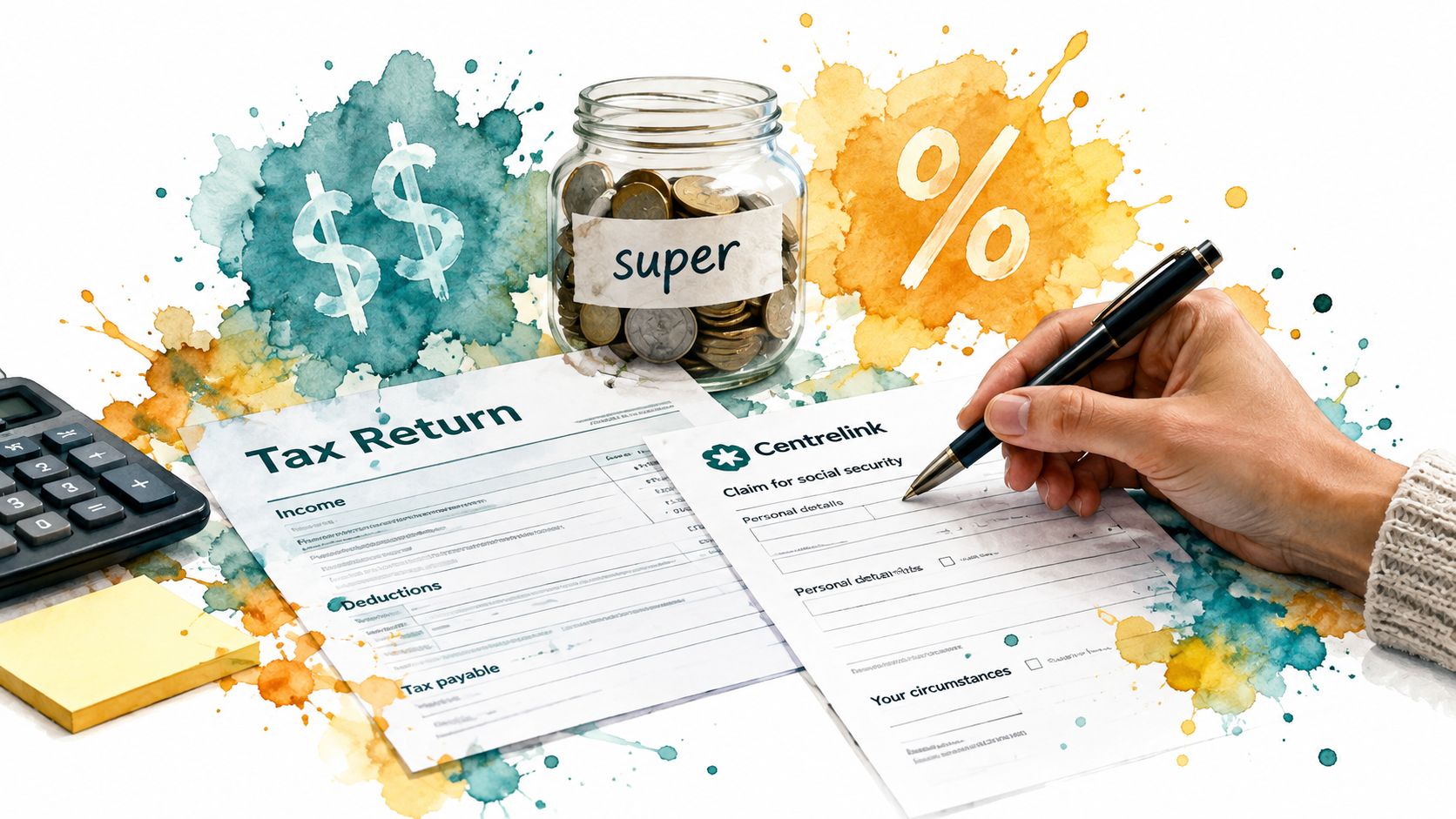 A hand filling out a Centrelink claim form next to a tax return and superannuation savings jar.