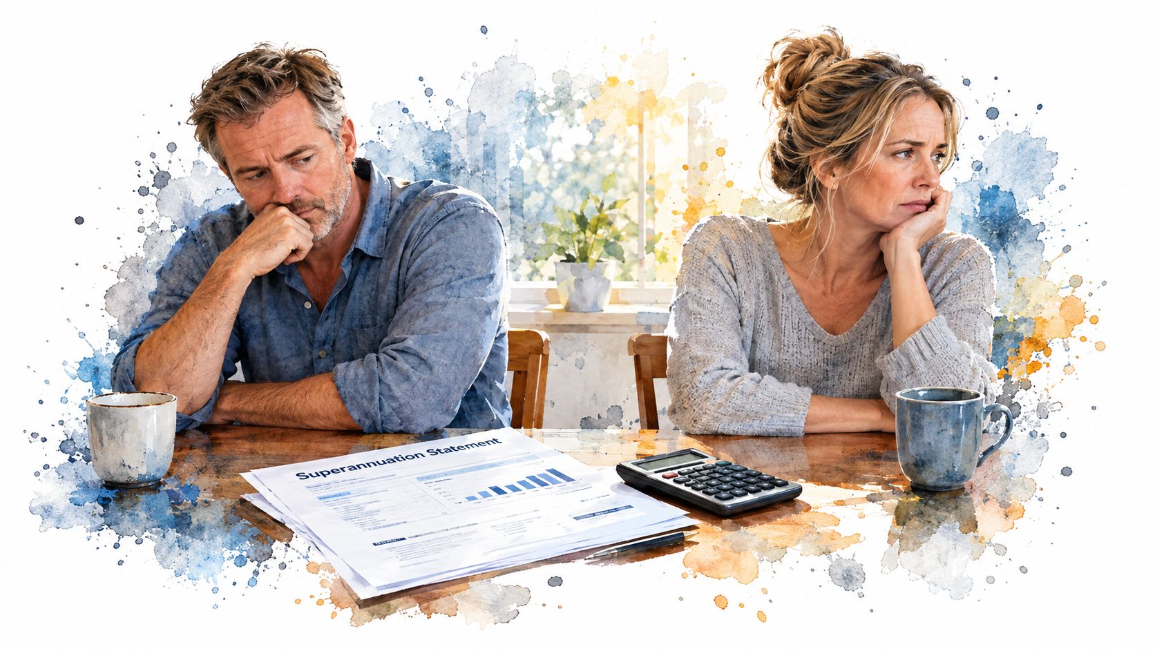 A middle-aged couple sitting at a table with a superannuation statement and calculator, appearing worried and stressed.