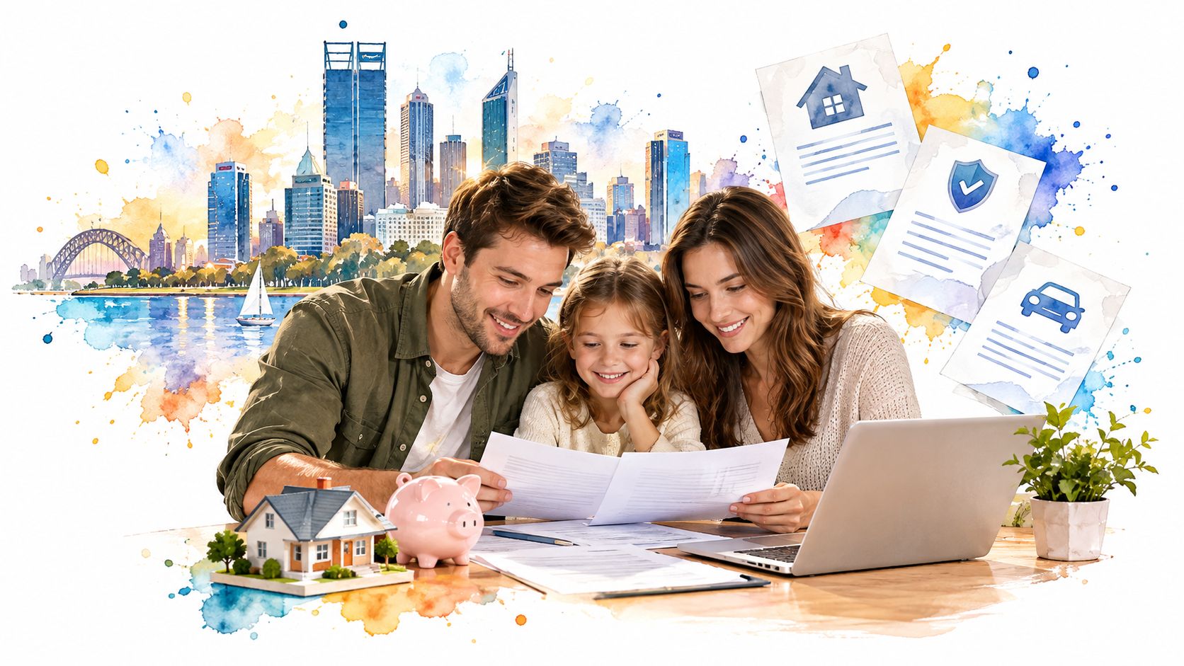 A happy family looking at financial documents together with a model house and city background.