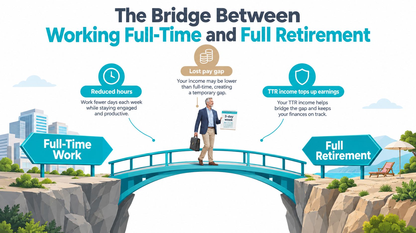 A man walking across a bridge representing the transition between full-time work and full retirement.