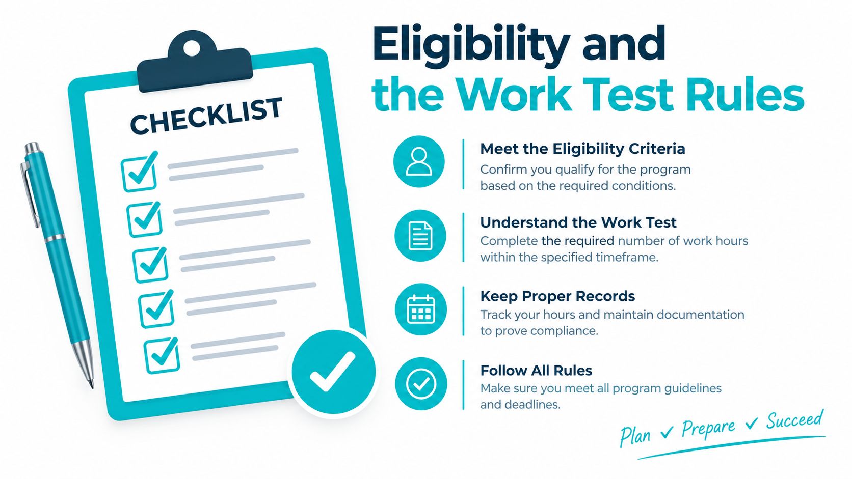 A checklist infographic illustrating key eligibility criteria and work test rules for a retirement program.