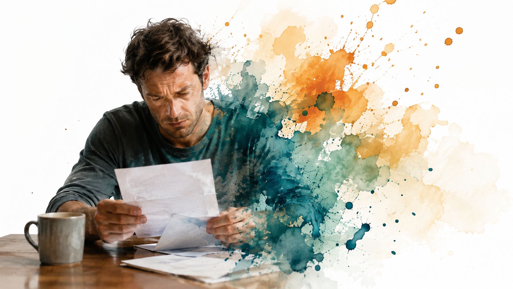 A concerned man sitting at a wooden table looking at documents with colorful watercolor splash art effects.