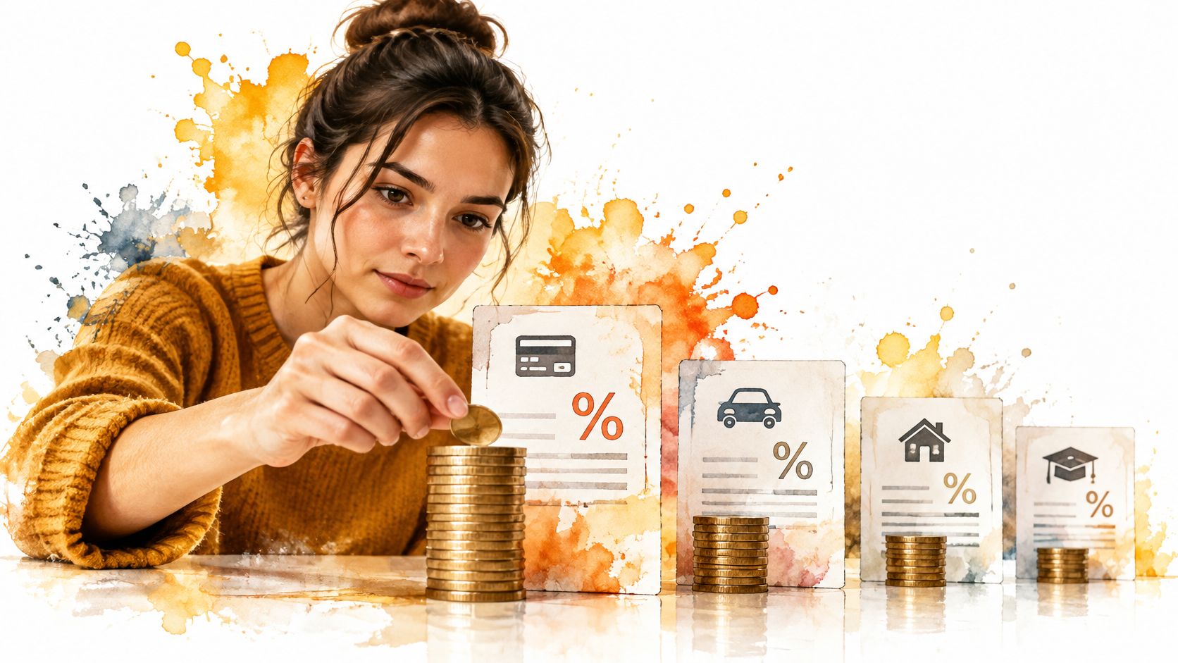 A woman carefully stacking coins next to financial cards representing credit card, car, home, and student debt.