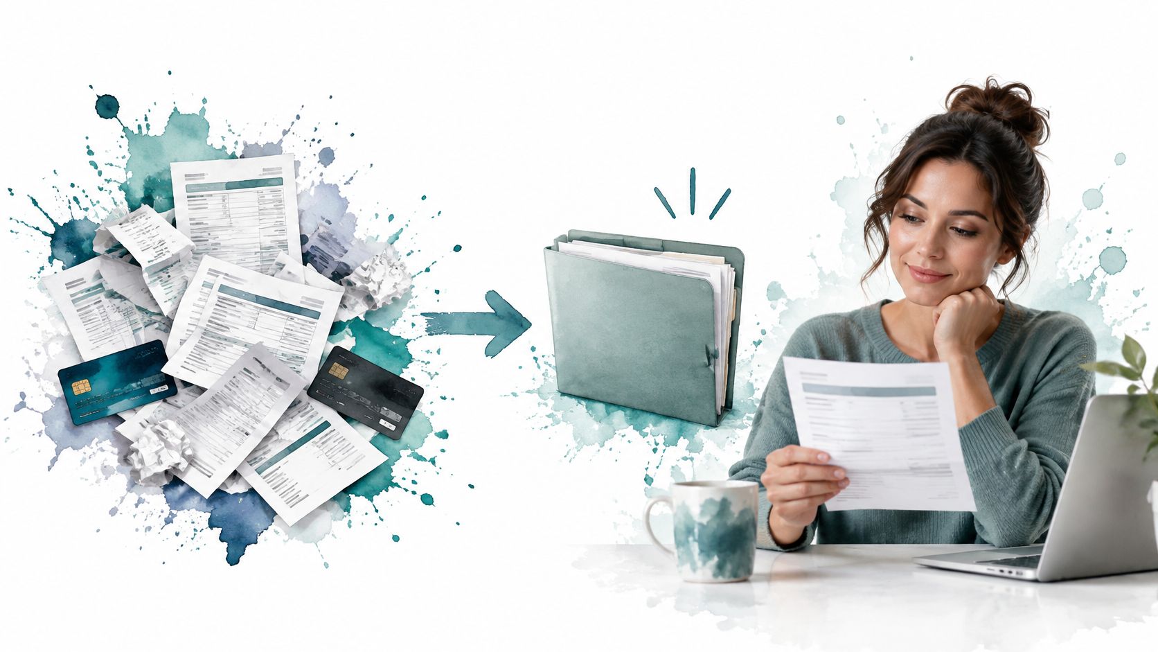 A woman reviewing documents at a desk, illustrating a transition from disorganized financial paperwork to organized records.