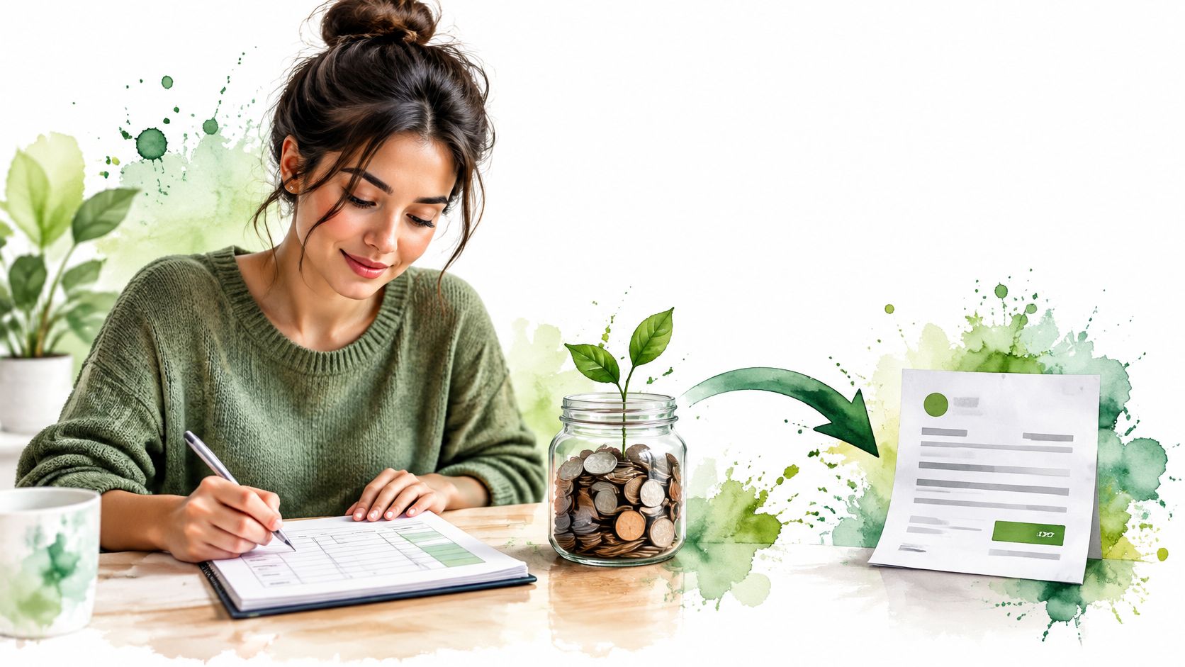 A woman writing in a planner next to a jar of coins with a small green plant sprout.