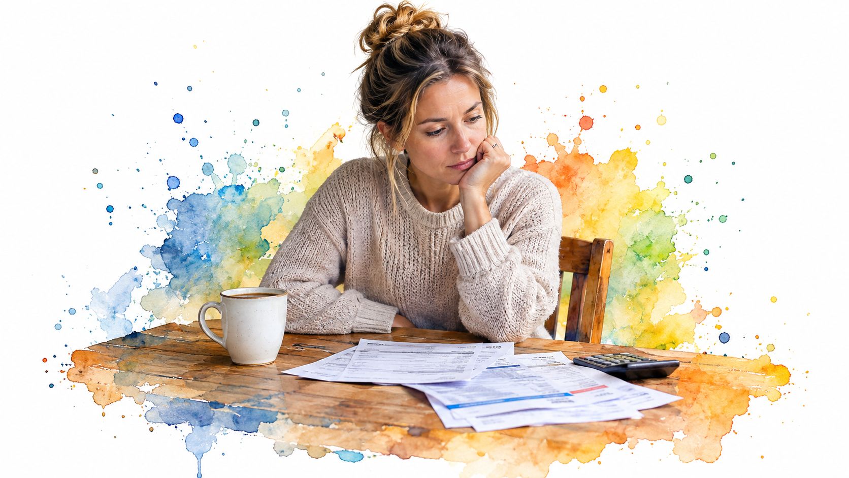 A concerned woman sitting at a rustic wooden table reviewing financial bills with a calculator.