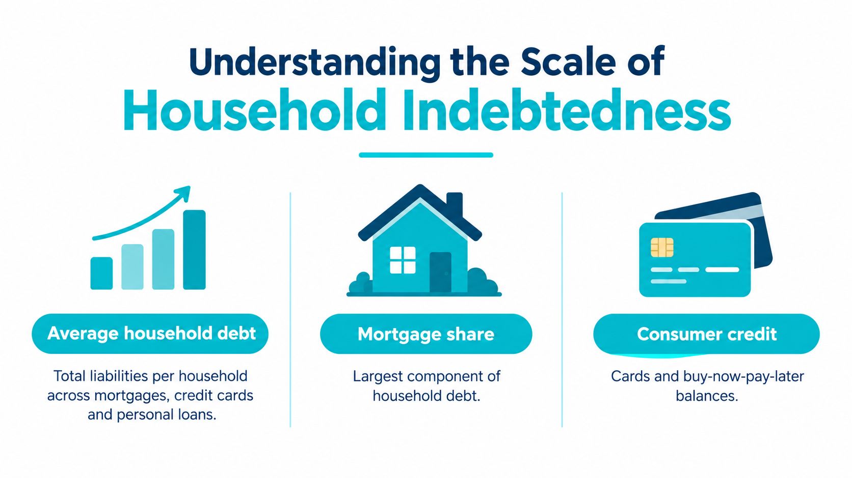 An infographic titled Understanding the Scale of Household Indebtedness showing debt categories like mortgages and consumer credit.