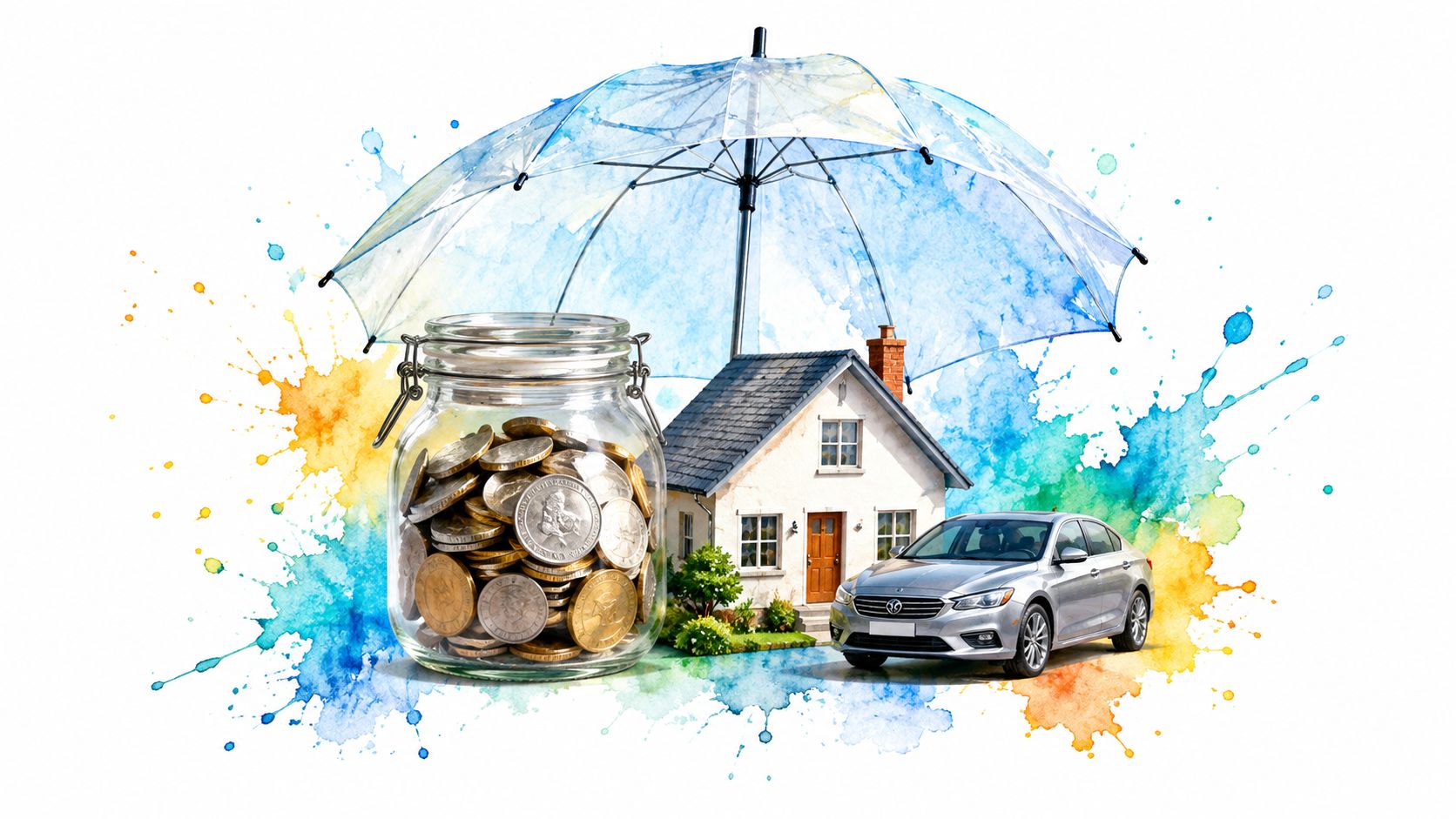 A glass jar full of coins next to a house and car protected by a large umbrella.