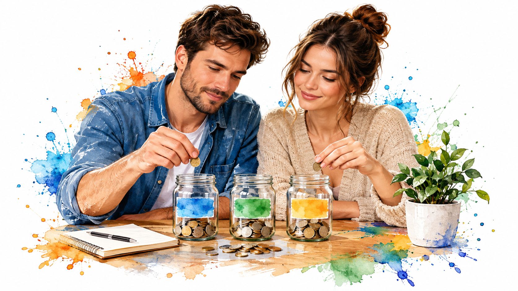 A couple saving money by placing coins into three glass jars on a wooden table.