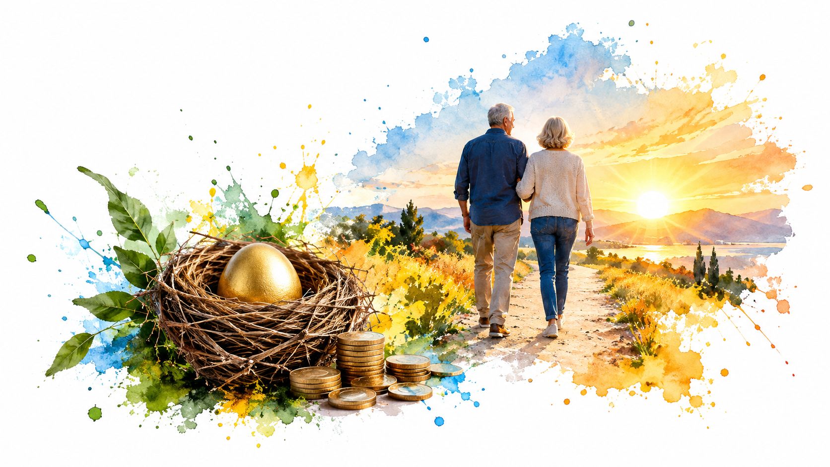 An elderly couple walking into a golden sunset beside a nest containing a golden egg and coins.