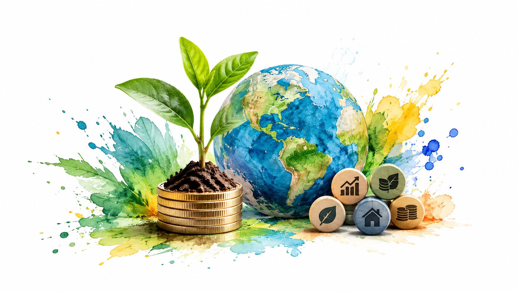 A small plant growing on a stack of coins next to a globe and circular icons.