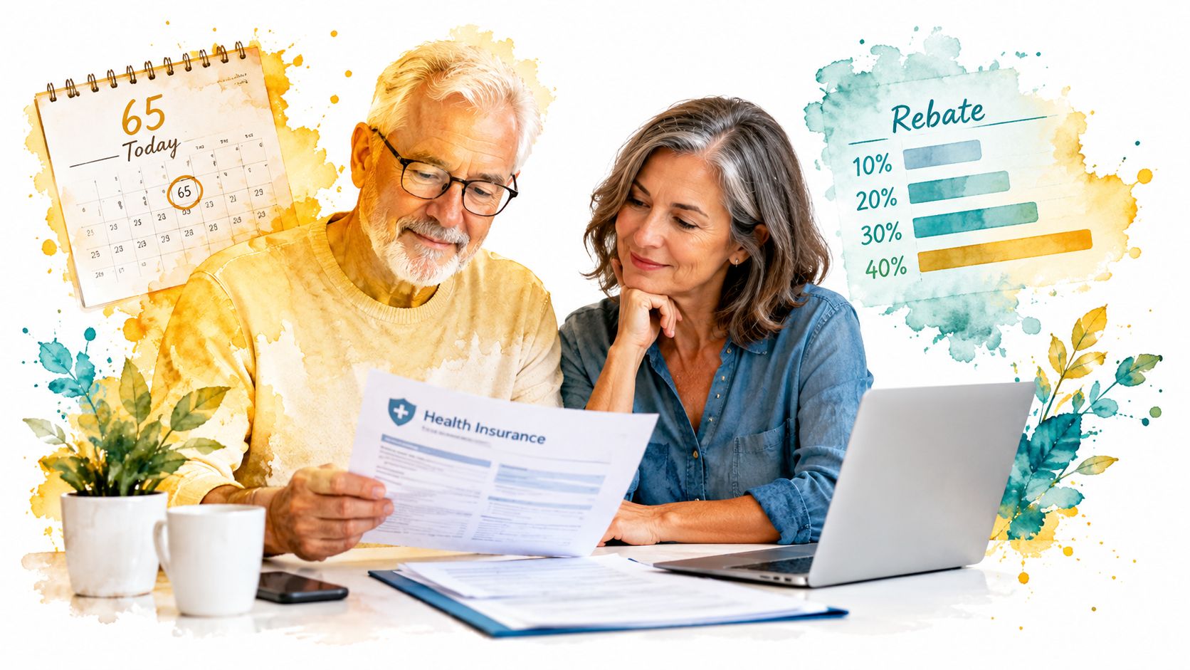 An older couple reviews health insurance documents together in front of a laptop while considering insurance rebate tiers.