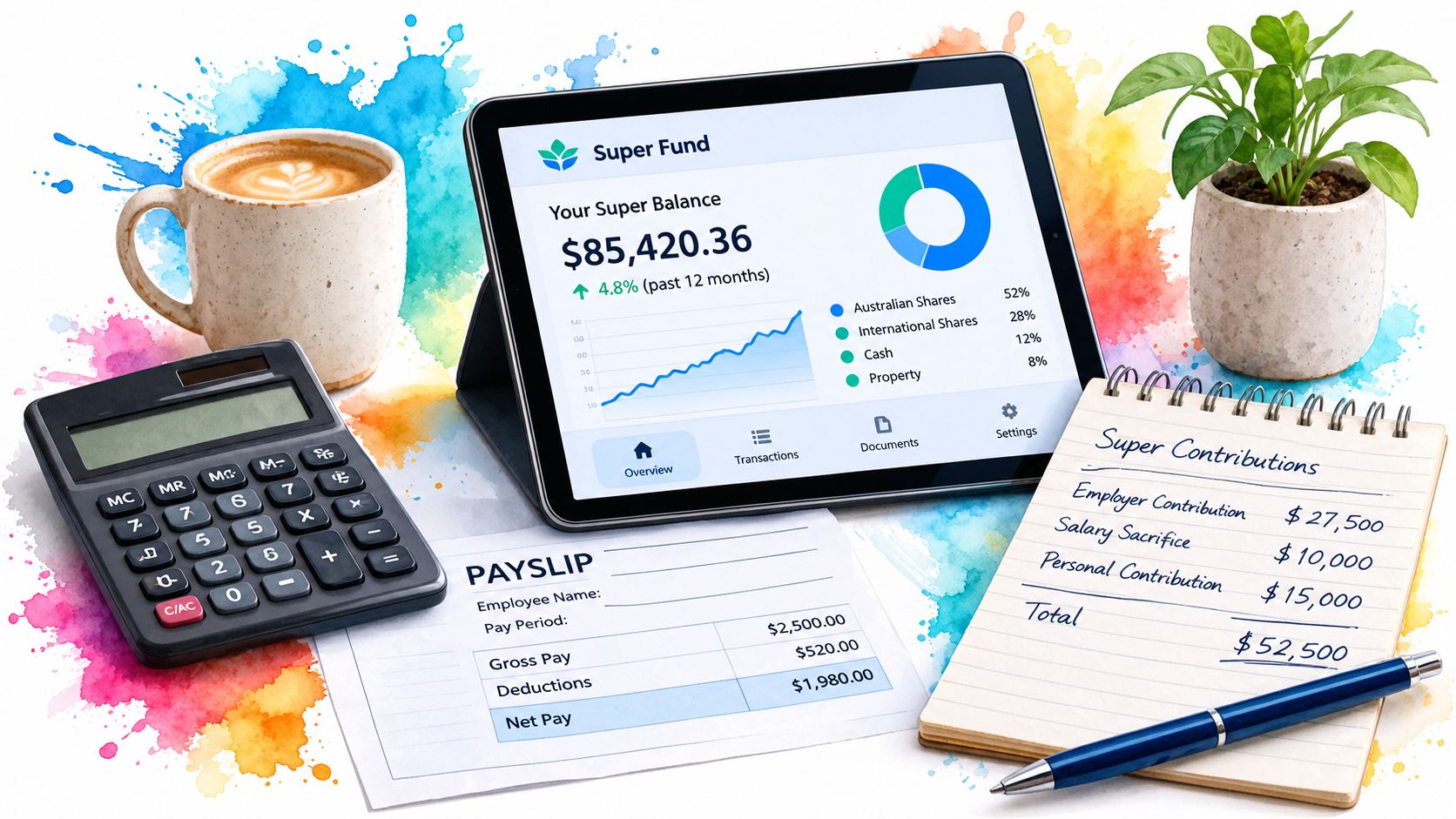 Financial planning tools including a calculator, tablet with super balance chart, payslip, and handwritten contribution notes.