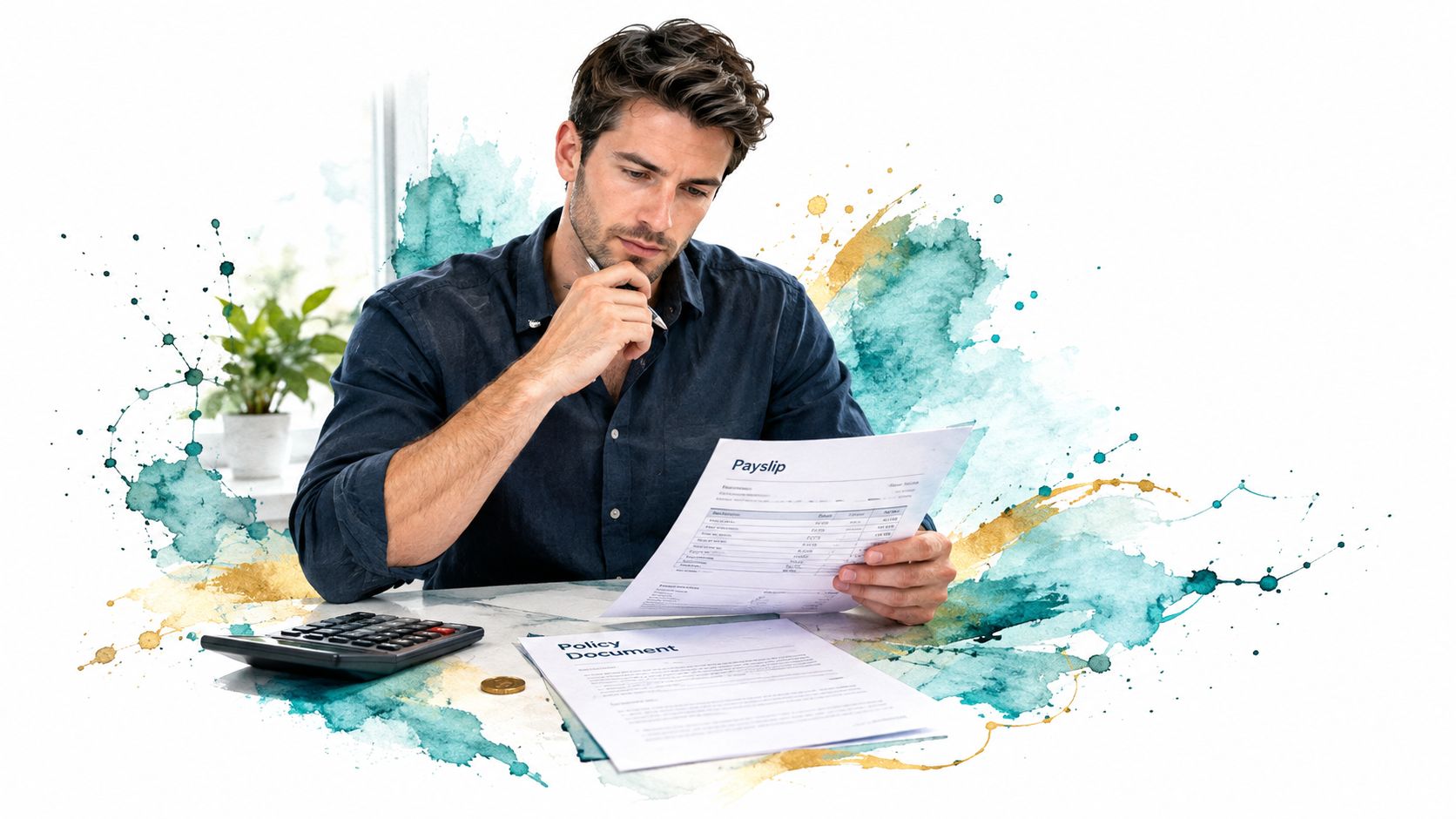 A man carefully reviewing his payslip and policy document while calculating personal finance details at his desk.
