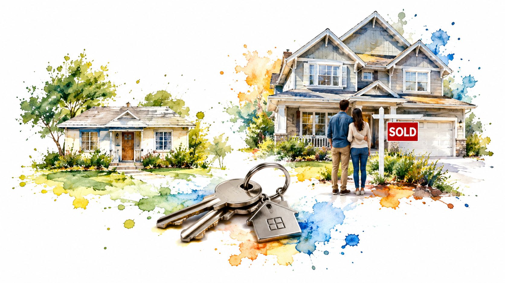 A couple standing in front of a new house with a sold sign and house keys.
