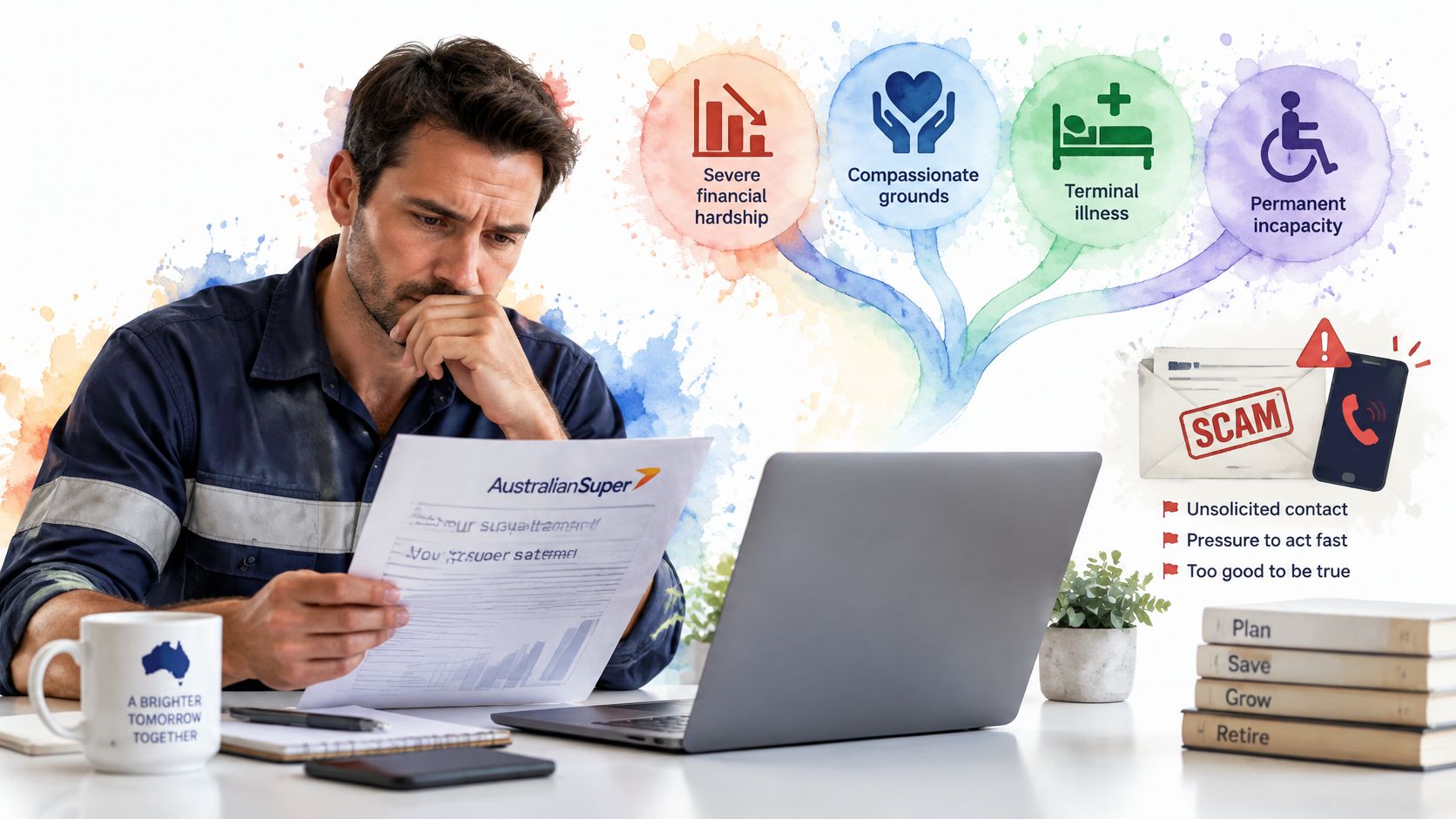 A man reviewing AustralianSuper documents while a graphic explains early super withdrawal conditions and scam warning signs.