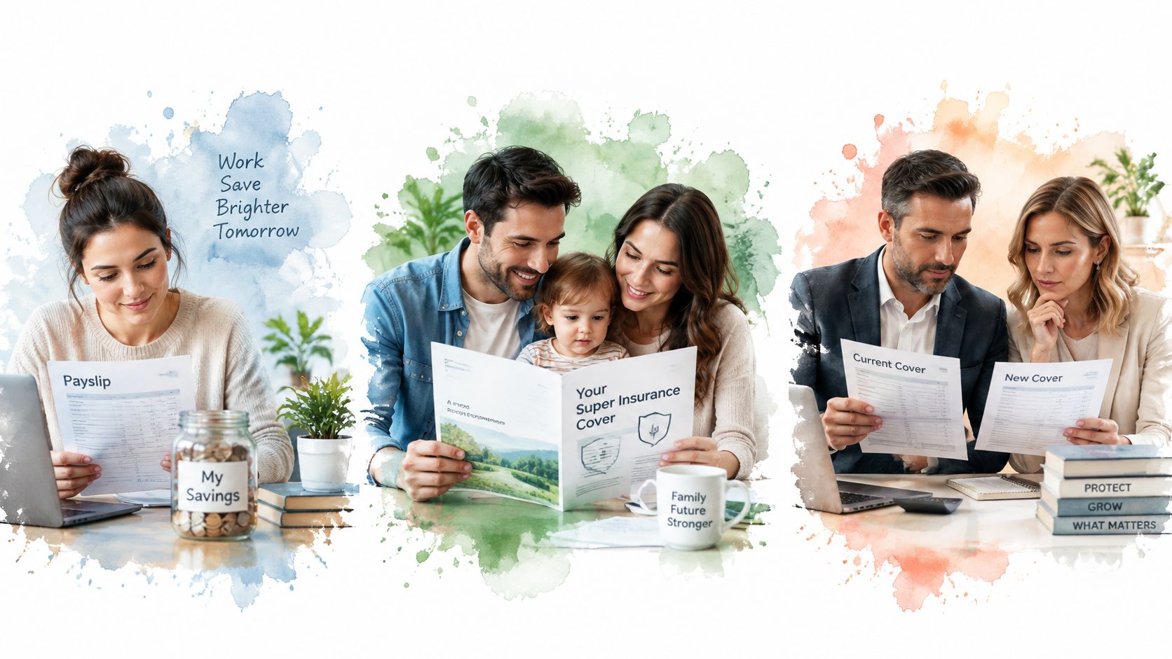 A three-part composition showing a woman with a payslip, a family reviewing insurance documents, and a couple comparing insurance coverage.