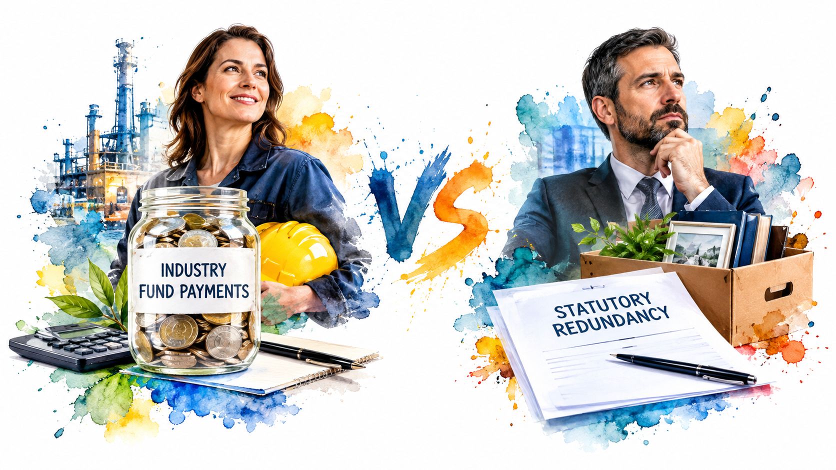 A split image contrasting industry fund payments with a man processing statutory redundancy documents after job loss.