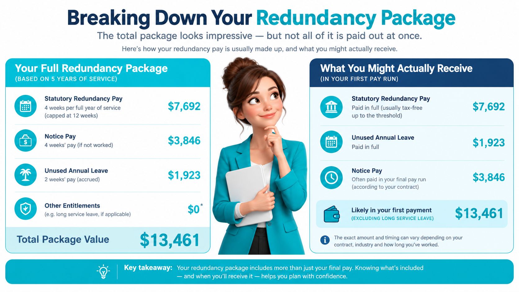 An infographic detailing the components of a redundancy package and what is paid in the first run.
