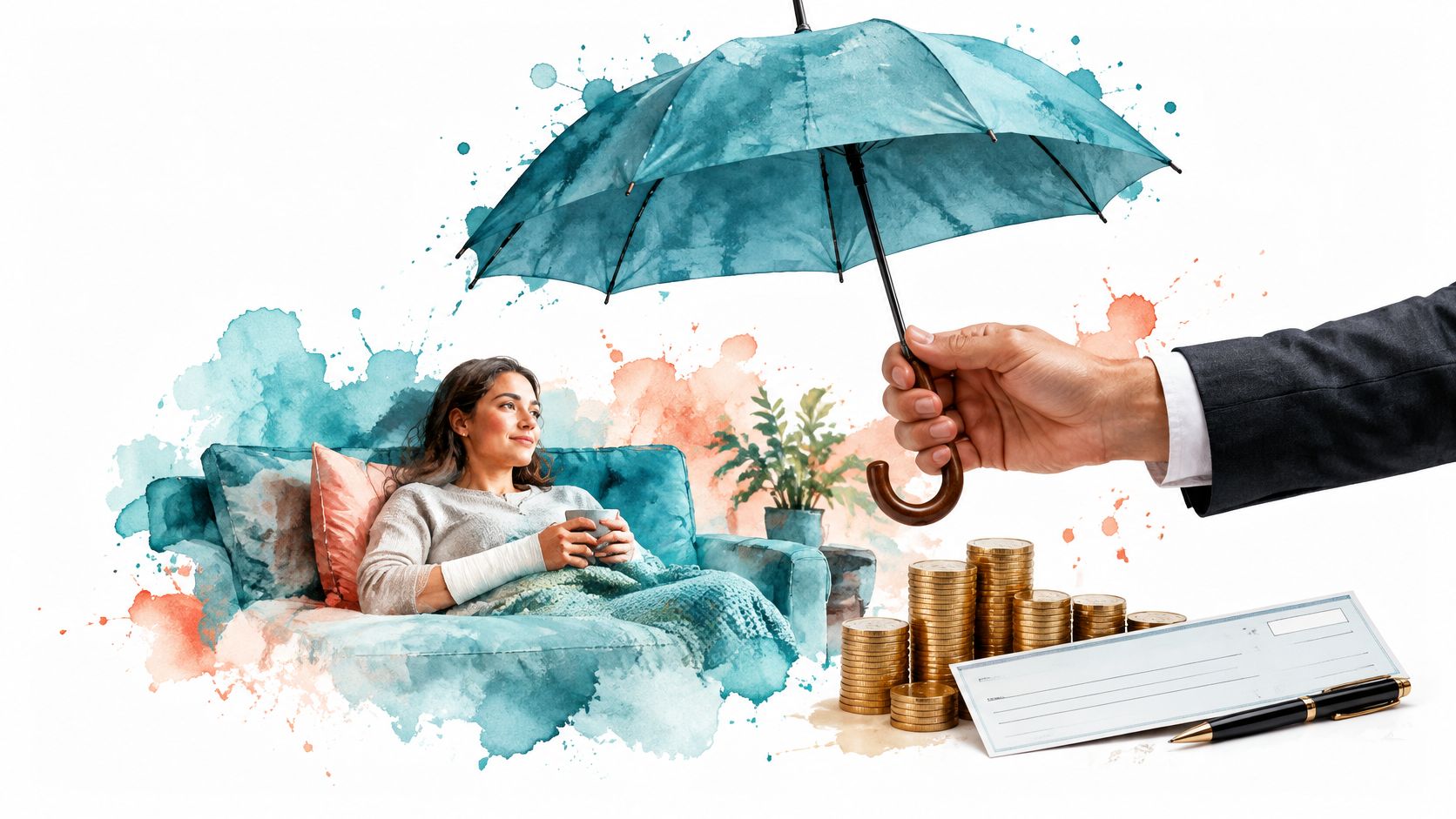 A businesswoman under a protecting umbrella receives financial compensation for sickness and accidental injury on a couch.