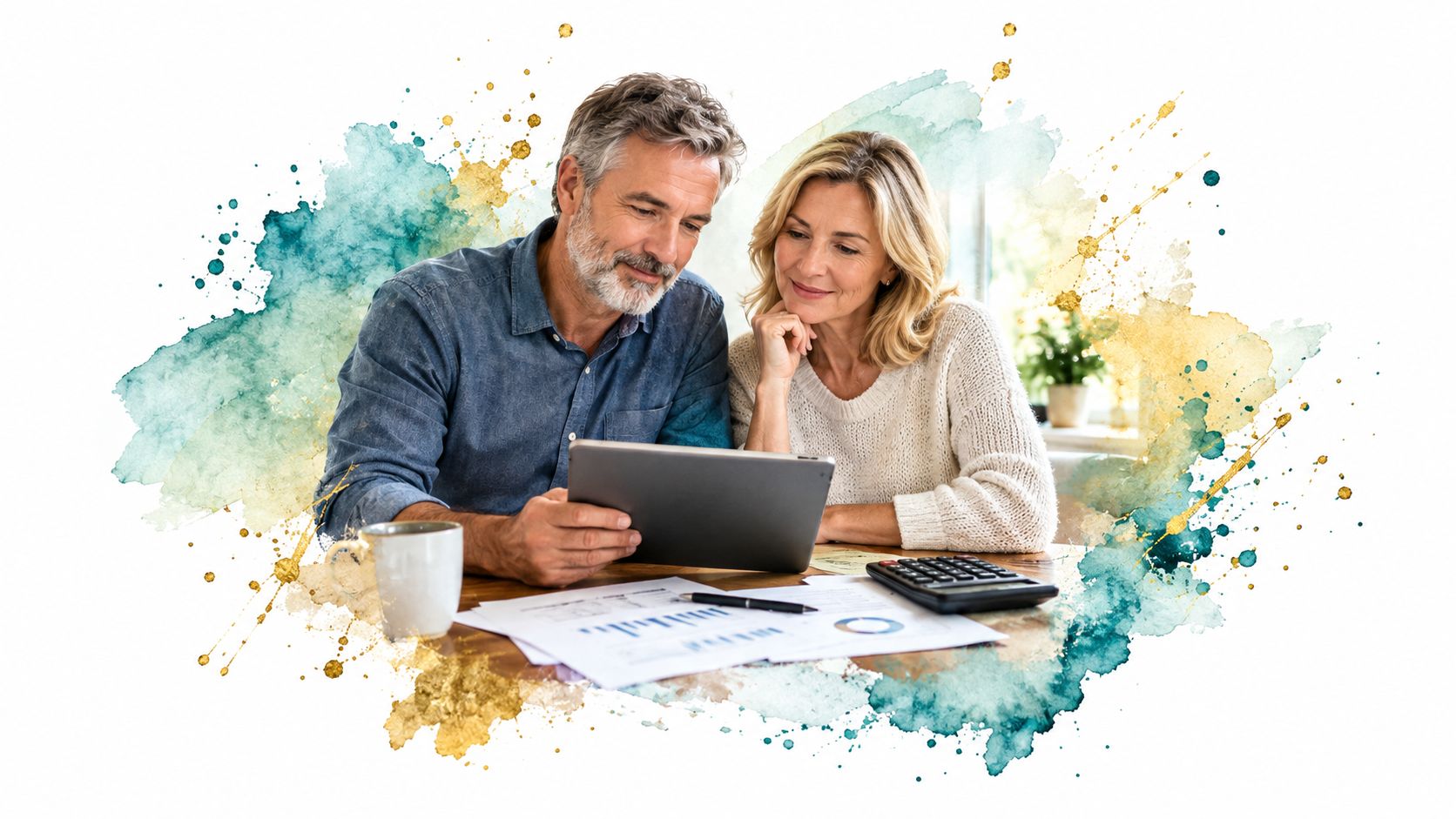 A middle-aged couple reviewing their financial documents and tablet together at a table while planning their future.