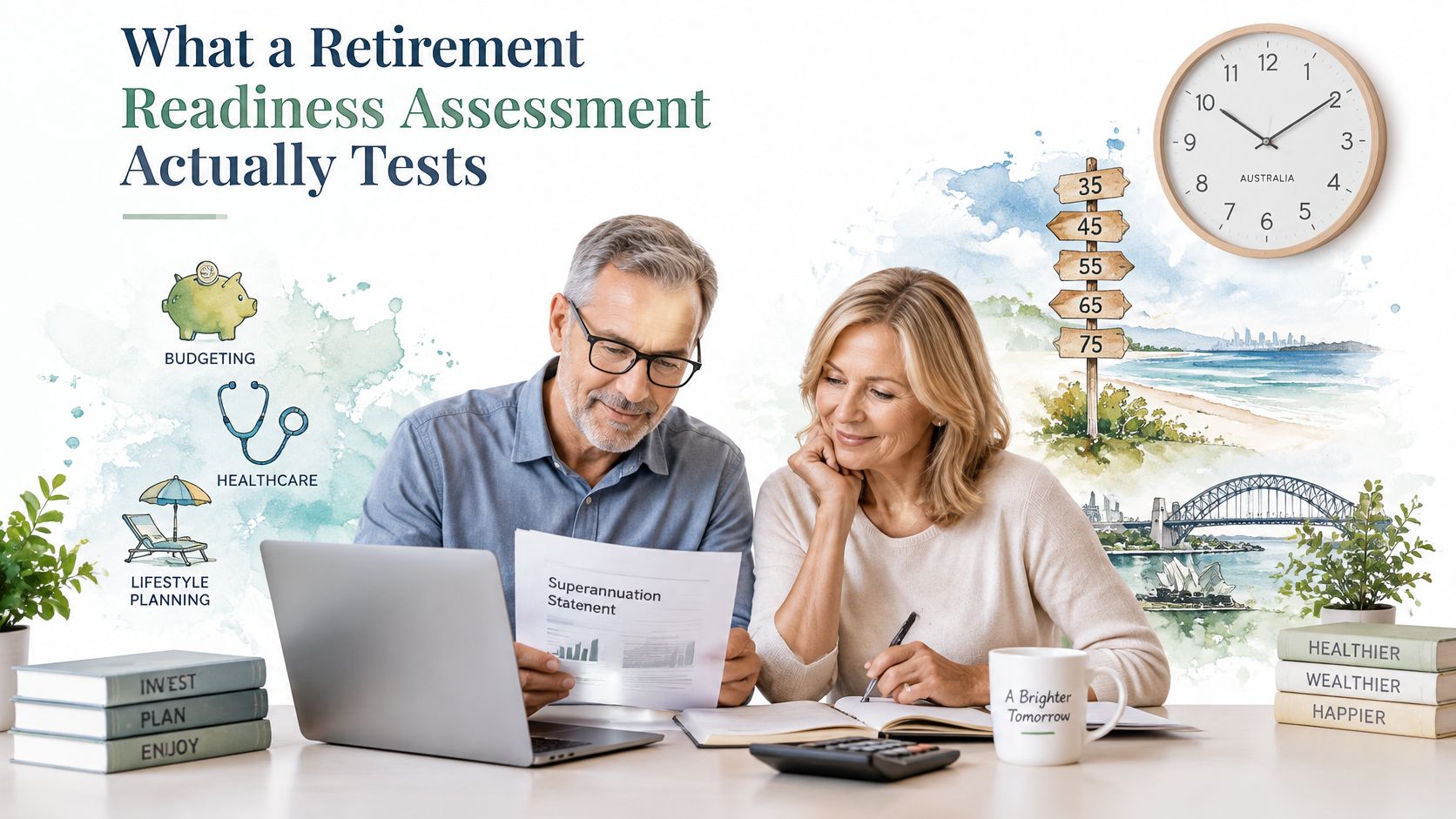 A middle-aged couple reviewing their superannuation statement together while planning for their future retirement goals.