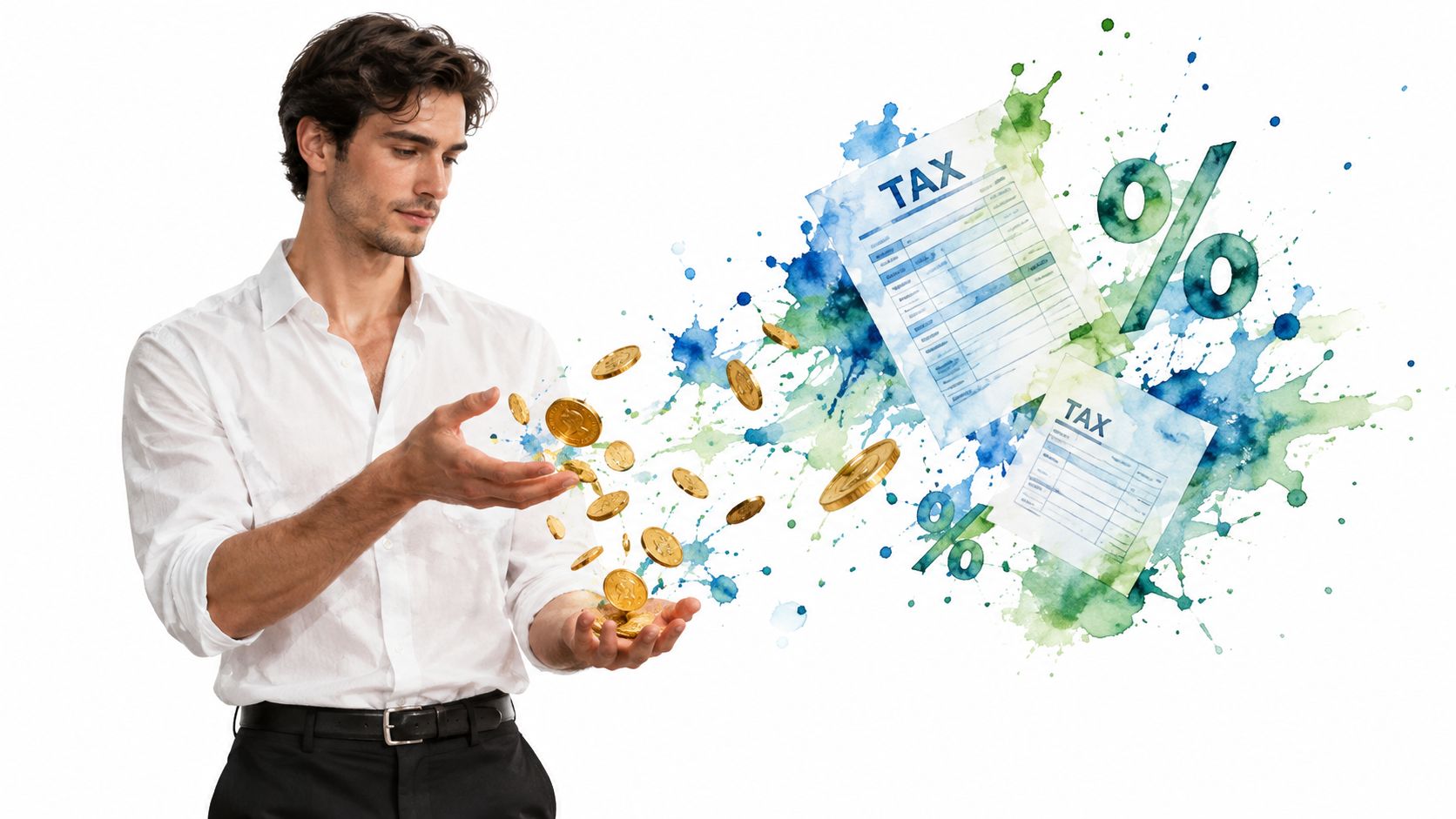 A businessman looking at floating gold coins, tax forms, and percentage symbols representing tax and financial planning concepts.
