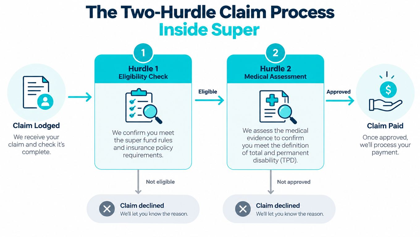 A flowchart diagram explaining the two-hurdle TPD insurance claim process within a superannuation fund.