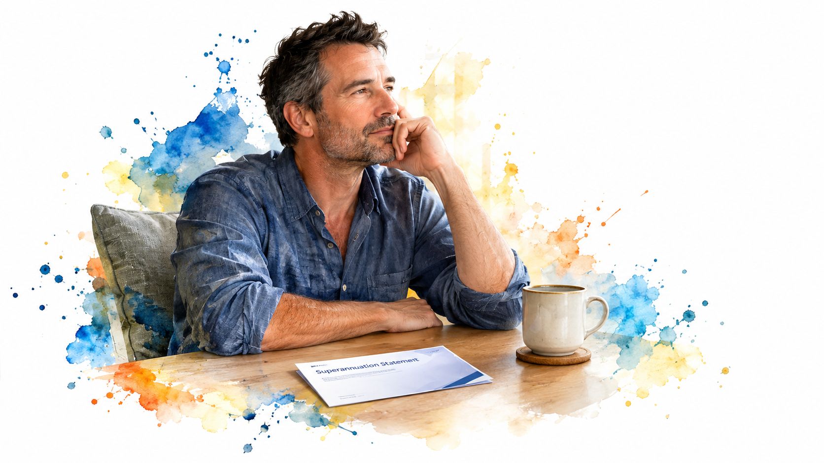 A contemplative man sitting at a wooden table with a superannuation statement and a coffee mug.