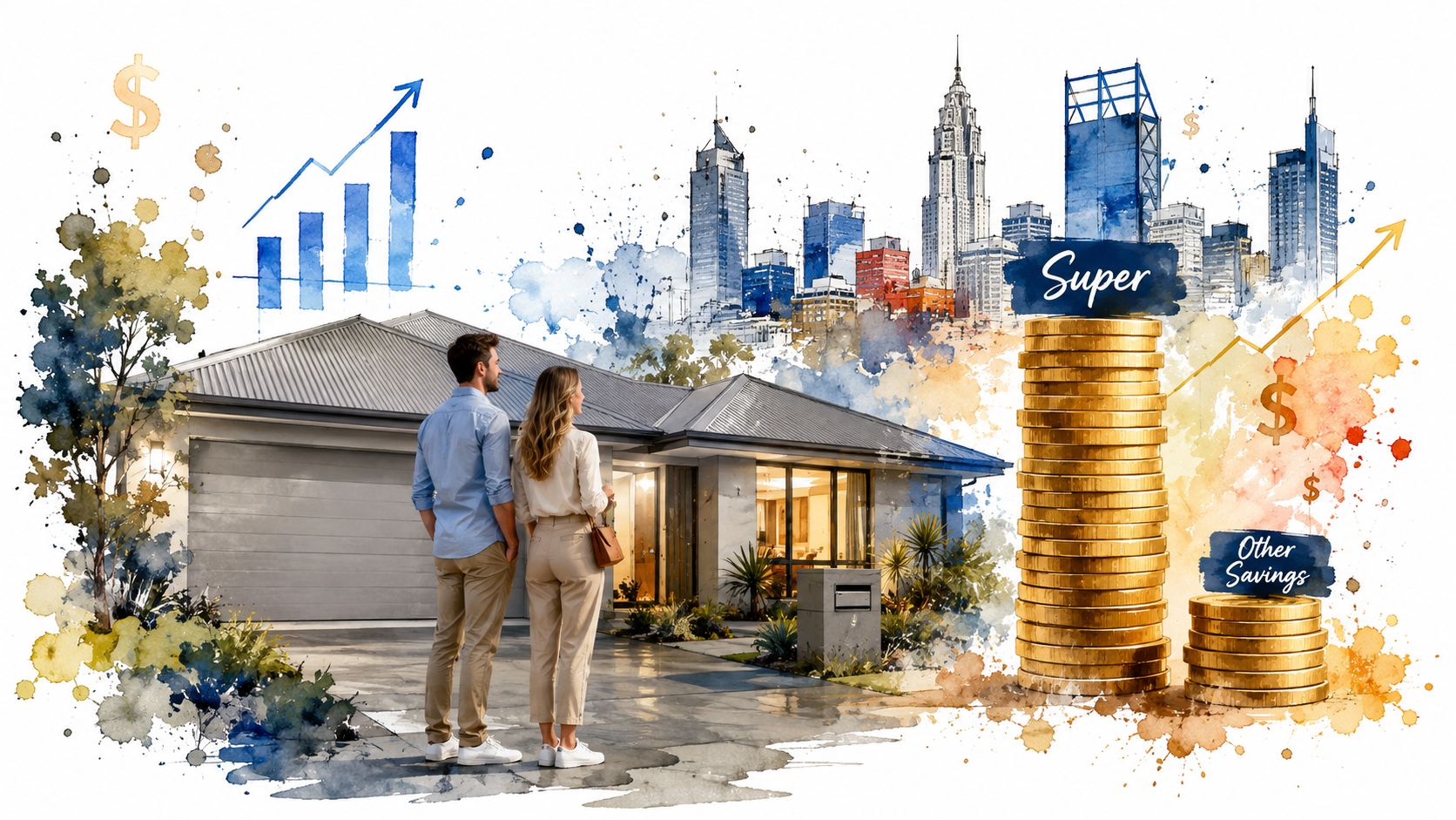 A couple standing in front of their suburban home with digital financial representations of investment growth.