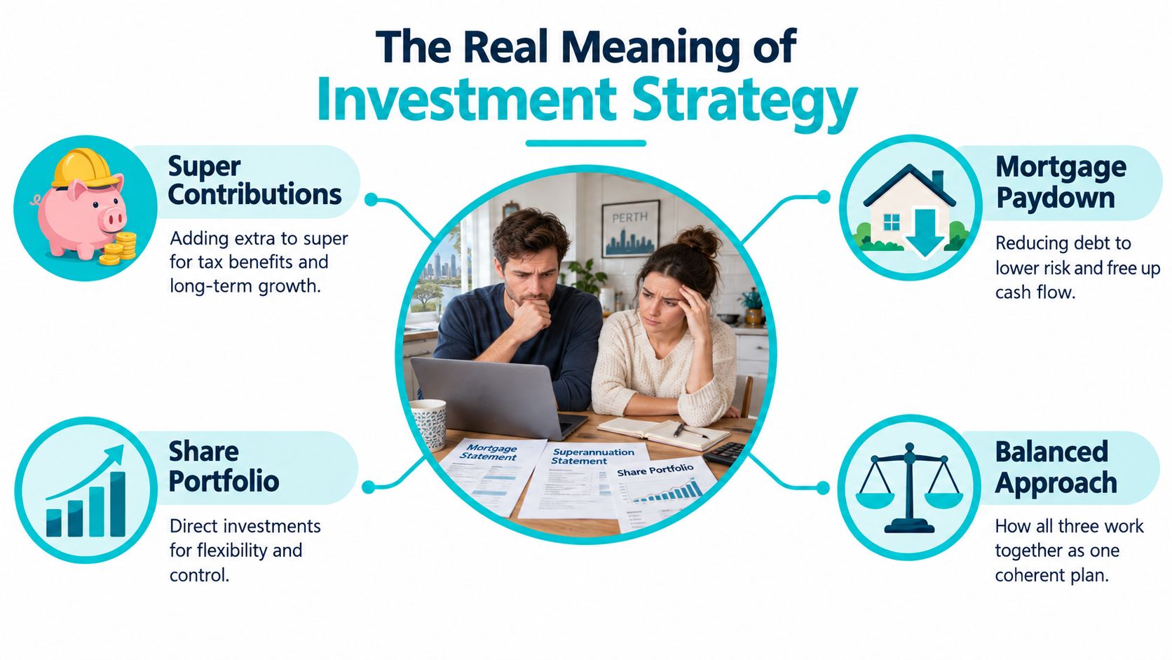 A couple reviewing financial documents to understand how super, mortgage, and share investments create a strategy.